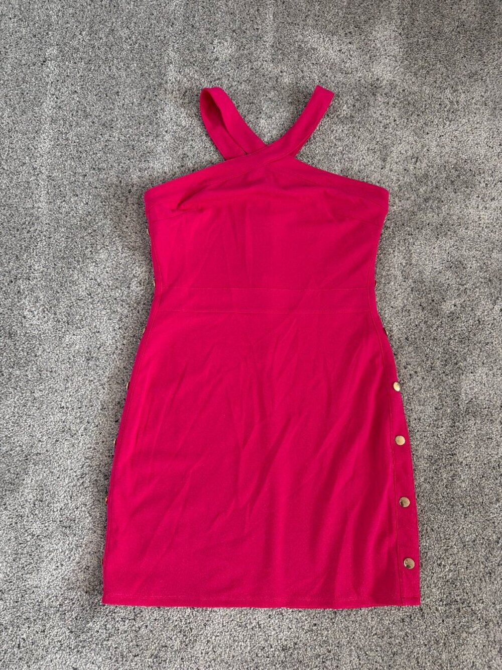 Guess Los Angeles Hot Pink Halter Bodycon Mini Dress Gold Buttons Size M
